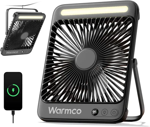 Warmco Ventilador con batería de 20000 mAh, ventilador portátil ultradelgado de 8 pulgadas para acampar con linterna LED, ventilador recargable de