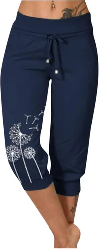 Miniatura 7 de Pantalones capri para mujer, estampado de diente de león, pantalones capri con cordón de cintura alta, elásticos, pantalones cortos de verano