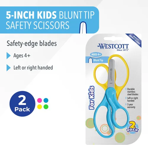 Miniatura 2 de Westcott Tijeras para niños de mango duro de 5 pulgadas, romas, colores surtidos, paquete de 2