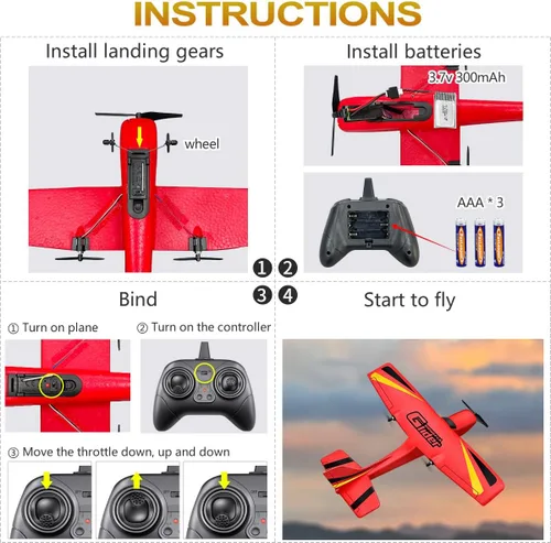 Miniatura 9 de HAWK'S WORK Avión RC de 2 canales, avión RC listo para volar, avión de control remoto de 2.4 GHz, planeador RC fácil de volar para niños y Rojo