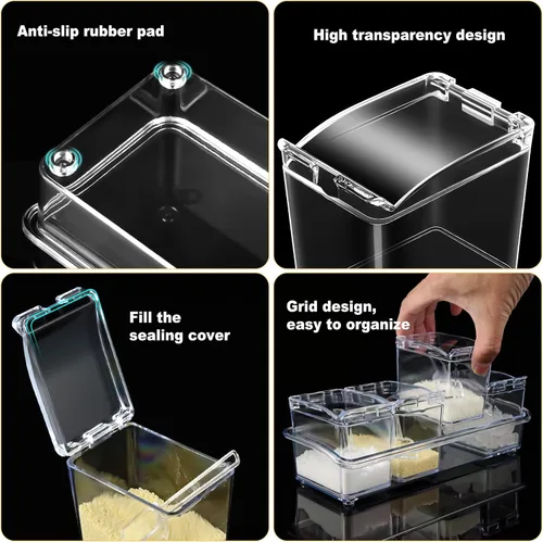 Miniatura 4 de Bokon Juego de 4 cajas de condimentos acrílicos con cucharas, 16 compartimentos, organizador de especias transparentes, recipientes de condimentos