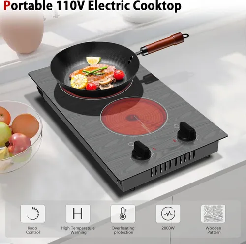 Miniatura 2 de Karinear Placa de Cocina Eléctrica de 2 Quemadores, 110v Estufa Eléctrica Portátil con Perilla, Placa de Cocina de Vidrio, Hermoso Patrón de Veta
