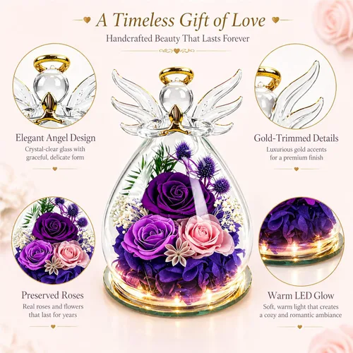 Miniatura 5 de Regalo de graduación de rosa morada para ella, regalos de cumpleaños para mujeres, rosa para siempre en flores frescas de vidrio, regalos de figura