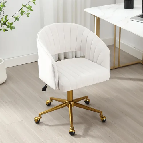 Miniatura 9 de ABET Silla de escritorio con ruedas, silla de terciopelo para oficina en casa, sillón giratorio con base dorada, sillas decorativas modernas Crema