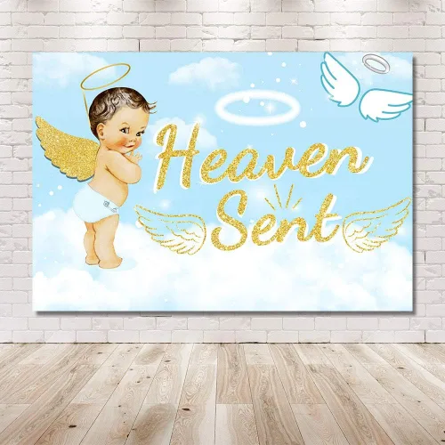 Miniatura 6 de Bonito telón de fondo para fiesta de baby shower, de 7 x 5 pies, cielo azul claro, nube blanca, ángel dorado, decoración de alas doradas, regalo
