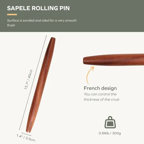 Miniatura 3 de Muso Wood Sapele - Rodillo francés de madera para hornear, rodillo cónico para fondant, corteza de pastel, galletas, pastelería