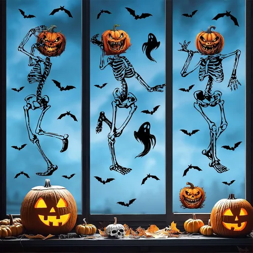 Miniatura 13 de Decoración de pared de Halloween, calcomanías de Halloween 3D para ventana falsa, despegar y pegar, calabazas, esqueleto, murales artísticos