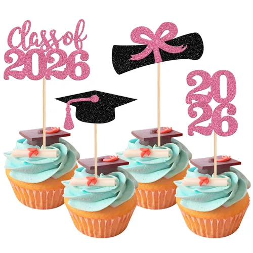 Miniatura 17 de 36 piezas con purpurina 2026 temática de graduación 2026 para cupcakes, diploma de clase de 2026, para graduación de 2026, suministros de decoración