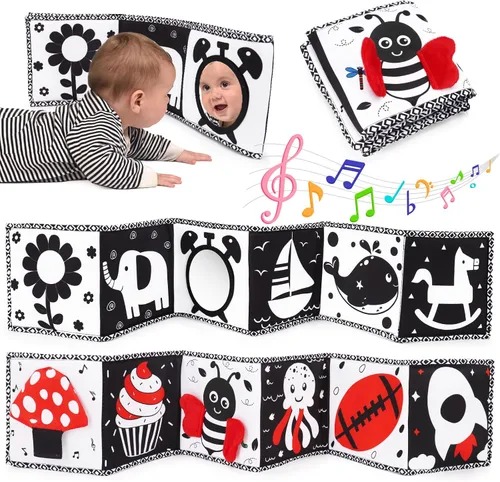 Miniatura 9 de Juguetes de alto contraste en blanco y negro para bebés de 0-3, 3-6 meses, tiempo boca abajo, suave, libro arrugado, espejo, juguetes sensoriales