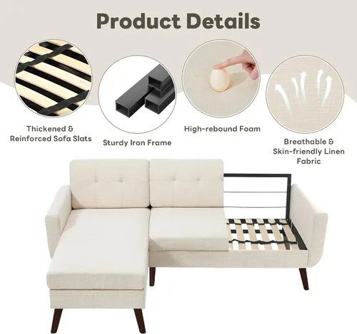 Miniatura 6 de Tbfit Sofá en Forma de L, Sofás Seccionales Modernos de Mediados de Siglo de 80" de Ancho, Sofás de 3 Plazas con Chaise Lounge Amplio, Sofá Beige