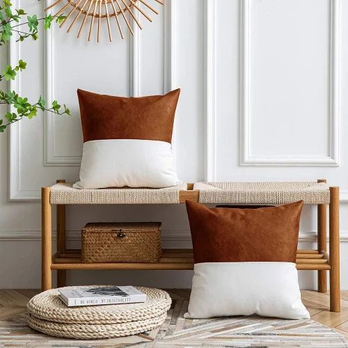 Miniatura 3 de DEZENE Fundas de Almohada Decorativas de Cuero, Juego de 2 Fundas de Almohada Decorativas Modernas de Cuero/Algodón para Decoración del Hogar Marrón