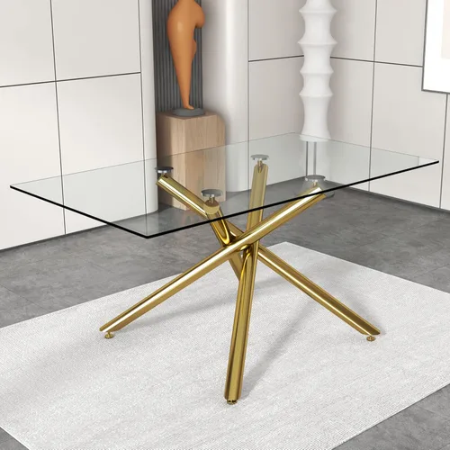 Miniatura 12 de Mesa de comedor de cristal de 71 pulgadas, mesa de comedor dorada para 6-8, mesa de cocina y comedor de gran tamaño con parte superior de vidrio