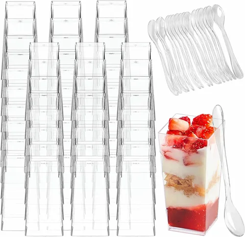 Miniatura 9 de Zezzxu - Paquete de 100 mini tazas de postre de plástico transparente de 5 onzas con cucharas, tazas de postre reutilizables para probar aperitivos