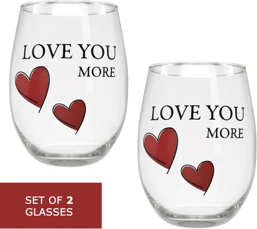 Miniatura 5 de BANBERRY DESIGNS Lover's - Juego de 2 copas de vino sin tallo "Love You More" con corazones decorativos, copas de vino románticas para él