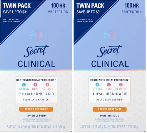 Miniatura 12 de Secret Clinical Strength 100HR - Desodorante antitranspirante sólido invisible para mujeres, protección contra el estrés con ácido hialurónico, pH