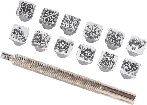 Miniatura 4 de 12 herramientas de estampado de cuero, 12 patrones de aleación de zinc, herramientas de punzón, diseño de flores, para manualidades de cuero