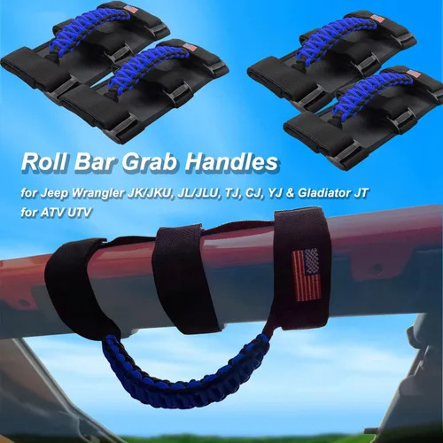 Miniatura 2 de Asas de Agarre de Barra Enrollable con Bandera de EE. UU., Asa de Agarre de Paracord para Jeep Wrangler JK JKU JL JLU TJ CJ YJ & Gladiator JT, Azul