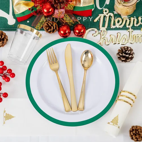 Miniatura 5 de Ciaell 175 platos de plástico de Navidad, los juegos de platos de plástico blanco y verde incluyen 25 platos de cena, 25 platos de postre, 25