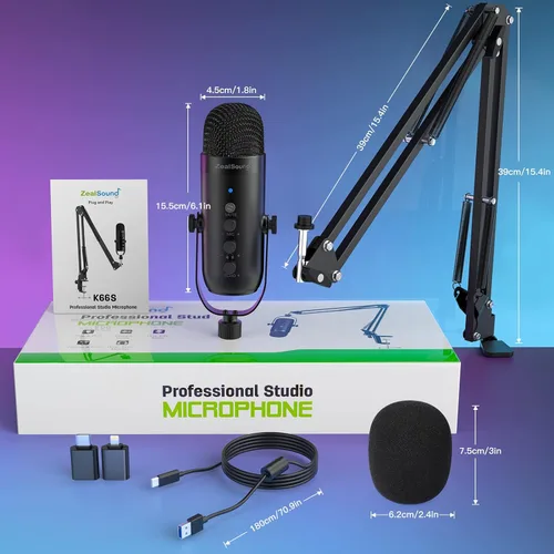 Miniatura 7 de ZealSound Micrófono de podcast con brazo de brazo, micrófono USB con reducción de ruido, silencio, eco y control de volumen, monitoreo de latencia