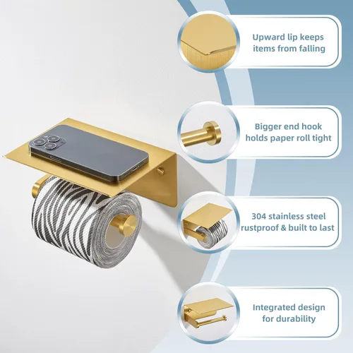 Miniatura 6 de APLusee Soporte de papel higiénico dorado cepillado con estante, colgador de papel higiénico compacto montado en la pared de acero inoxidable 304