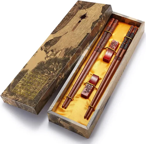 Palillos reutilizables chinos con diseño de dragón y fénix con soporte y bolsa de transporte, juego de palillos chinos con estilo tradicional (2
