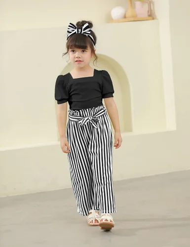 Miniatura 2 de DONWEN Conjunto de 3 piezas de ropa para niñas pequeñas y niñas con cuello cuadrado + pantalones elegantes + diadema para primavera y verano