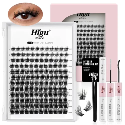 Higu clace Kit de racimos de pestañas, 144 unidades de racimos de pestañas onduladas en D, kit de extensión de pestañas naturales de 0.315 a 0.630