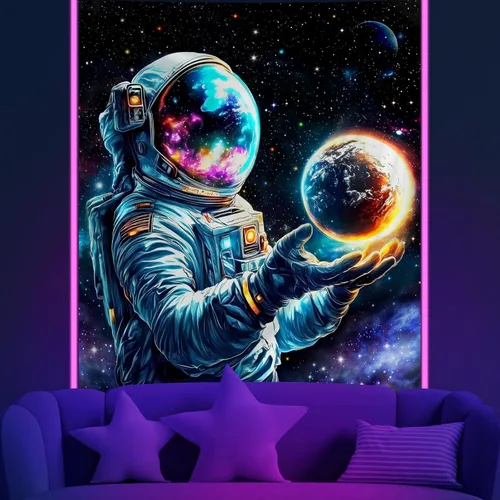 Miniatura 11 de Tapiz de galaxia con luz negra para dormitorio, espacio estético, cielo estrellado, estrellas, universo, telón de fondo, póster de luz negra
