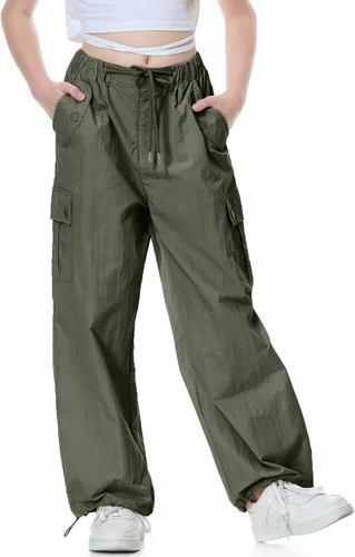 Rolanko Pantalones de paracaídas para niñas, pantalones cargo Y2K con bolsillos, pantalones deportivos Harajuku para niños de 4 a 14 años
