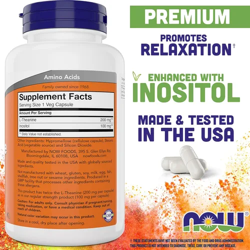 Miniatura 3 de NOW Foods L-teanina, Doble Fuerza 200 mg por cápsula - 180 cápsulas veganas - Mejorada con 100 mg de inositol - Vegetariana, Sin OMG - Suplemento