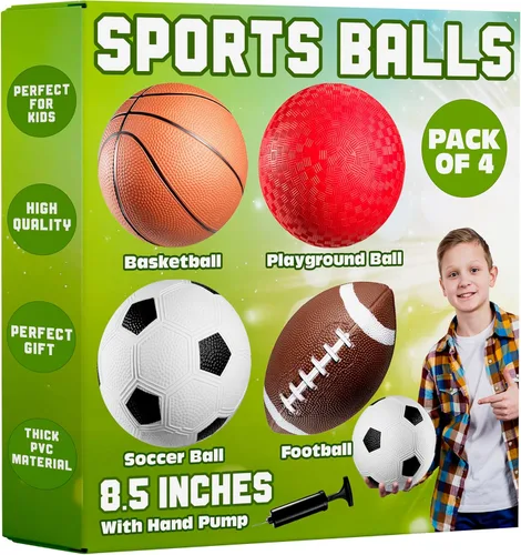 Pelotas deportivas de 8.5 pulgadas para niños y niños pequeños, paquete de 4 pelotas inflables de goma multideporte, fútbol, baloncesto, pelota de