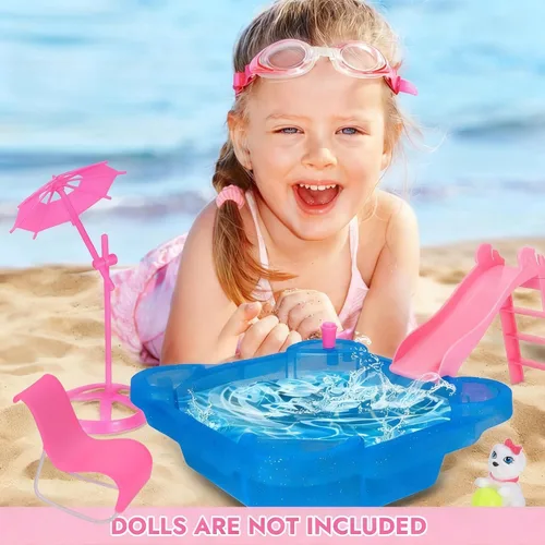 Miniatura 6 de BETTINA Juego de Piscina - Piscina Glamorosa con Tobogán, Accesorios de Piscina para Muñecas Incluye Silla de Playa, Sombrilla de Playa, Perro