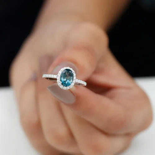 Miniatura 4 de Anillo de compromiso de topacio azul natural de Londres de 0.236 x 0.315 in, calidad AAA, anillo solitario de diamante de topacio azul, listo