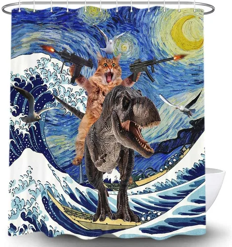 Miniatura 3 de Divertido juego de cortina de ducha con diseño de gato, dinosaurio japonés con ondas oceánicas, cortinas de baño divertidas para niños, decoración