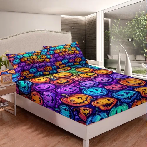 Miniatura 2 de Erosebridal Sábanas de calabaza de Halloween para niños, diseño de calabazas arcoíris, tamaño individual, para niños y niñas, juego de ropa de cama