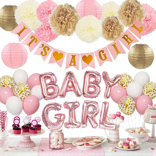 Miniatura 11 de Ouddy Party Decoraciones de Baby Shower Oro Rosa para Niña con Pancarta Welcome Baby Niñas Bebés Globos de Papel de Aluminio Oro Rosa Rosa Dorado