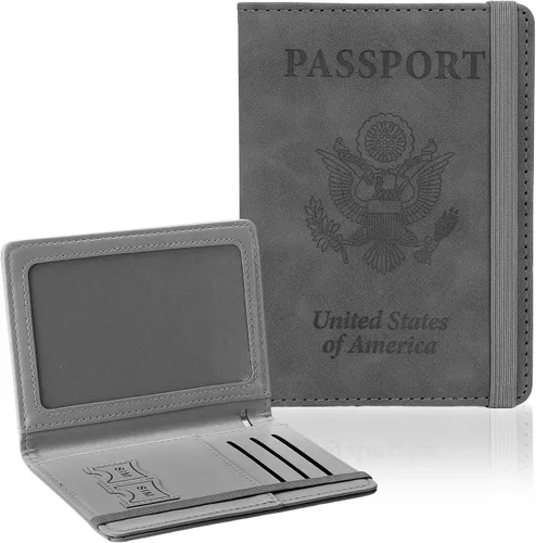 Miniatura 8 de Soporte para pasaporte para viajes, funda de pasaporte con bloqueo RFID con soporte para bolígrafo, funda de cuero para pasaporte, accesorios