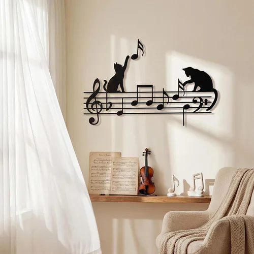 Miniatura 8 de Otoolling Notas musicales para decoración de pared con diseño de gato negro de metal, letreros musicales para colgar, decoración del hogar para sala