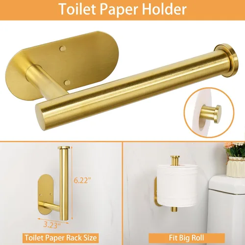 Miniatura 5 de TocTen Juego de 5 toallas para montar en la pared o autoadhesivas, juego de accesorios de baño de acero inoxidable que incluye toallero de 16 Oro