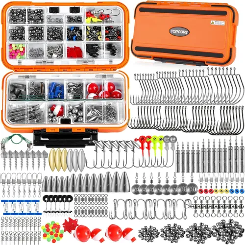 TOPFORT Kit de 187/343 piezas de accesorios de pesca, Caja de aparejos de pesca organizada con aparejos incluidos, anzuelos de pesca, pesas de Kit