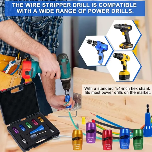 Miniatura 6 de Pelacables para AWG, herramienta mejorada para taladro, pelacables eléctrico universal 8 en 1, herramienta de extracción rápida de cable con 25