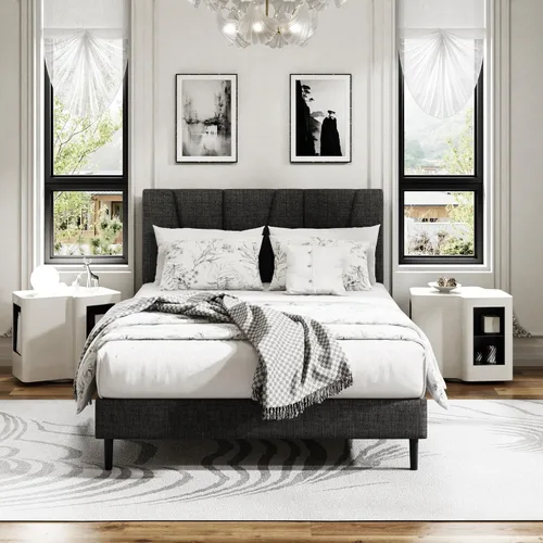 Miniatura 12 de Sismplly - Base de cama plataforma tamaño Queen con cabecero tapizado, soporte de listones de madera, sin ruido, no necesita somier, fácil montaje