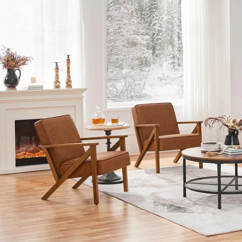 Yaheetech Silla Decorativa, Sillón con Estructura de Madera Resistente, Silla de Estar Moderna y Retro de Piel Sintética para Sala de Marrón claro