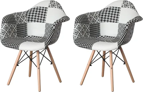 Mid-Century - Juego de 2 sillas de tela moderna con brazos para sala de estar, patas de madera de haya, color blanco y negro