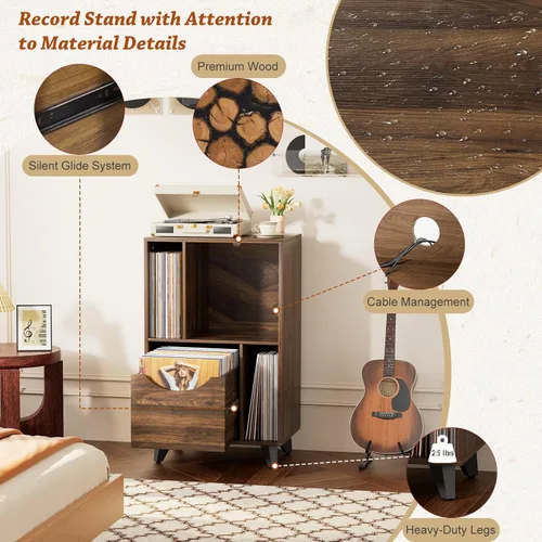 Miniatura 5 de Bikoney Soporte moderno para tocadiscos de mediados de siglo con cajón de almacenamiento de vinilo, mesa auxiliar de madera para todos