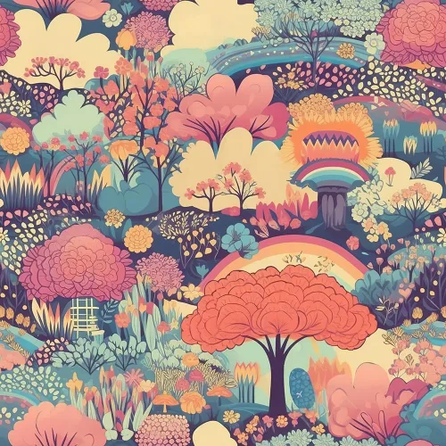 MuralPeel Flores de Árbol Rosas Coloridas Fantásticas Arcoíris Maravilla de Fantasía Paisaje de Cuento de Hadas Papel Pintado de Despegar y Pegar