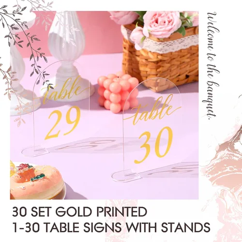 Miniatura 5 de Vicenpal Números acrílicos de mesa de boda de 1 a 30 pulgadas, soporte de exhibición de tarjetas de números de arco dorado de 4 x 6 pulgadas
