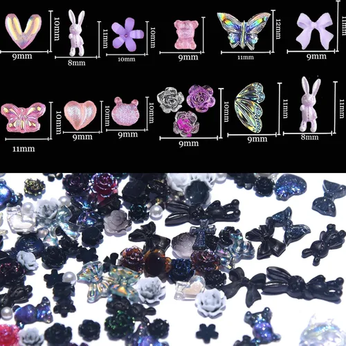 Miniatura 8 de COOSLIM 110 dijes de uñas 3D para uñas acrílicas, flor de camelia, rosa, mariposa, lazo, corazón, oso, conejo, estrella, para diseños de uñas, Negro