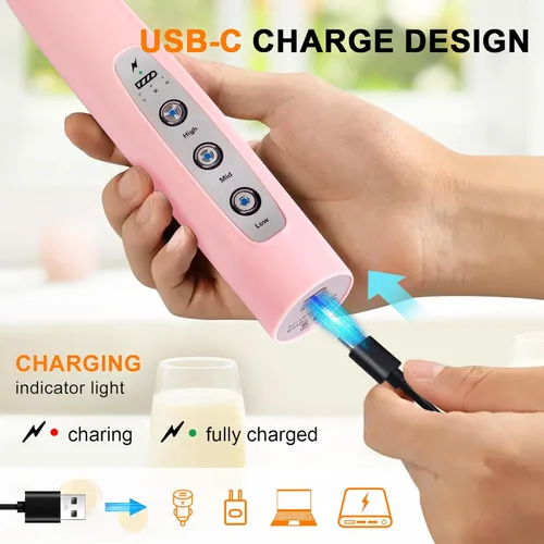 Miniatura 2 de YUSWKO - Espumador de leche recargable USB de mano con 3 cabezas, mini mezclador eléctrico de bebidas con 3 velocidades para latte, capuchino, Rosa