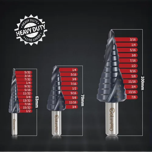 Miniatura 2 de Juego de 3 brocas escalonadas de cobalto para acero inoxidable y metal duro, M35 HSS Unibit con revestimiento TiAlN, diseño de flauta en espiral